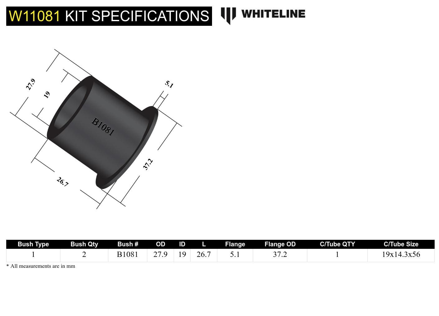 Whiteline 7 x 14 x 20 cm / 28mm OD Front Steering Idler Arm - Bushing Kit to Suit Toyota Celica and Corona SR