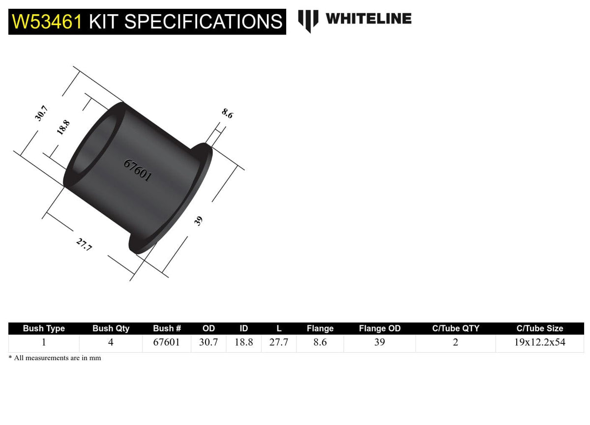 Whiteline 7 x 14 x 20 cm / 30.8mm OD - oversize bushing suits aftermarket arms Front Control Arm Lower - Inner Front Bushing Kit to Suit Audi, Seat, Skoda and Volkswagen PQ34 Fwd/Awd SR