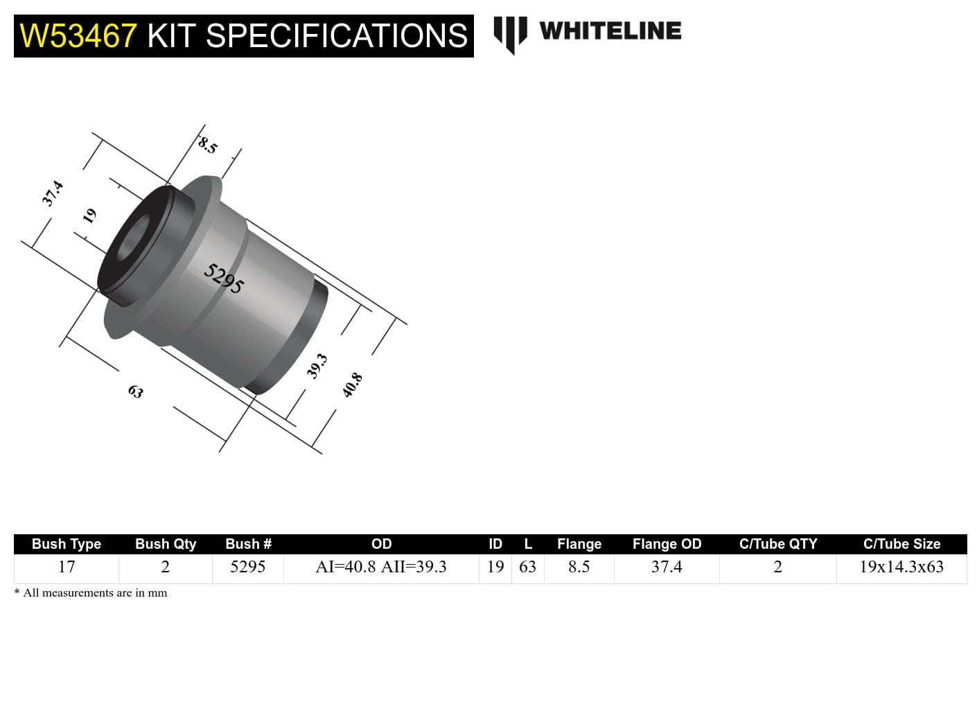 Whiteline 7 x 14 x 20 cm / 40.8mm - 39.3mm stepped OD Front Control Arm Lower - Inner Bushing Kit to Suit Nissan 180SX, 200SX, 300ZX and Skyline SR