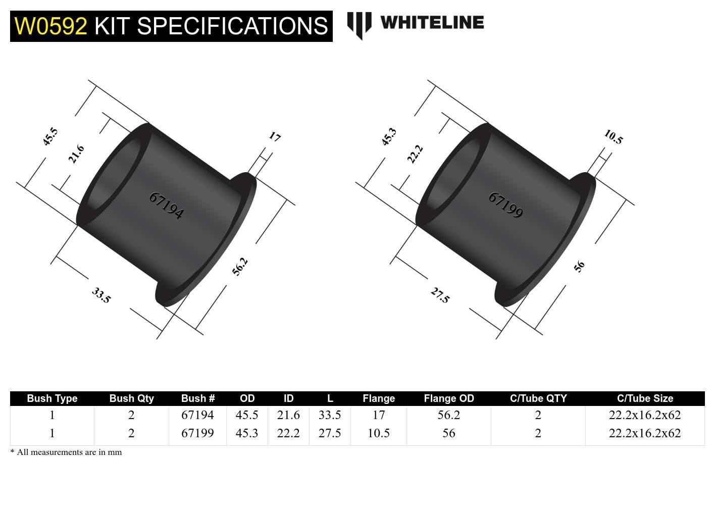 Whiteline 7 x 14 x 20 cm / 45mm OD - suits models without Active Yaw Control Rear Differential Mount - Front Bushing Kit to Suit Mitsubishi Lancer Evo IV-IX SR