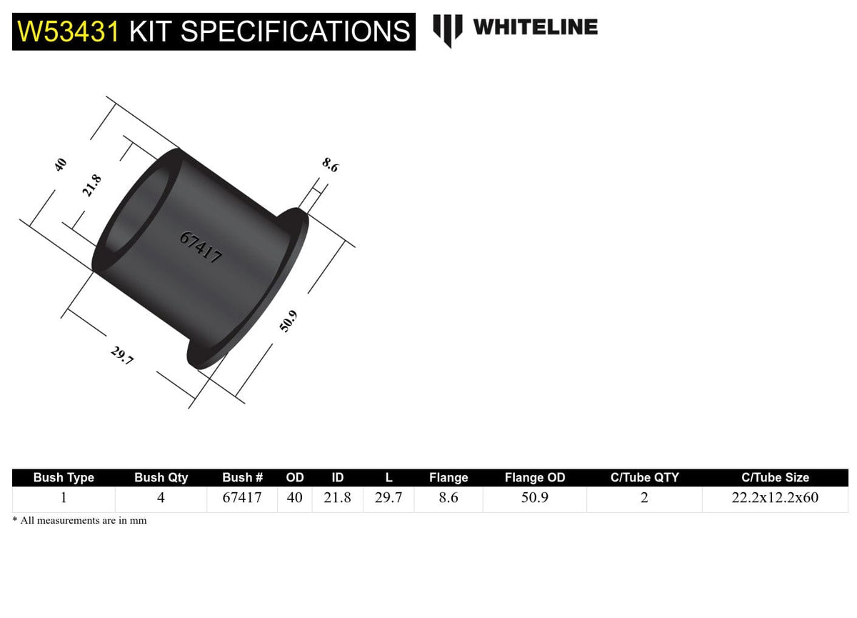 Whiteline 7 x 14 x 20 cm Front Control Arm Lower - Inner Front Bushing Kit to Suit Holden Astra, Cruze and Volt SR