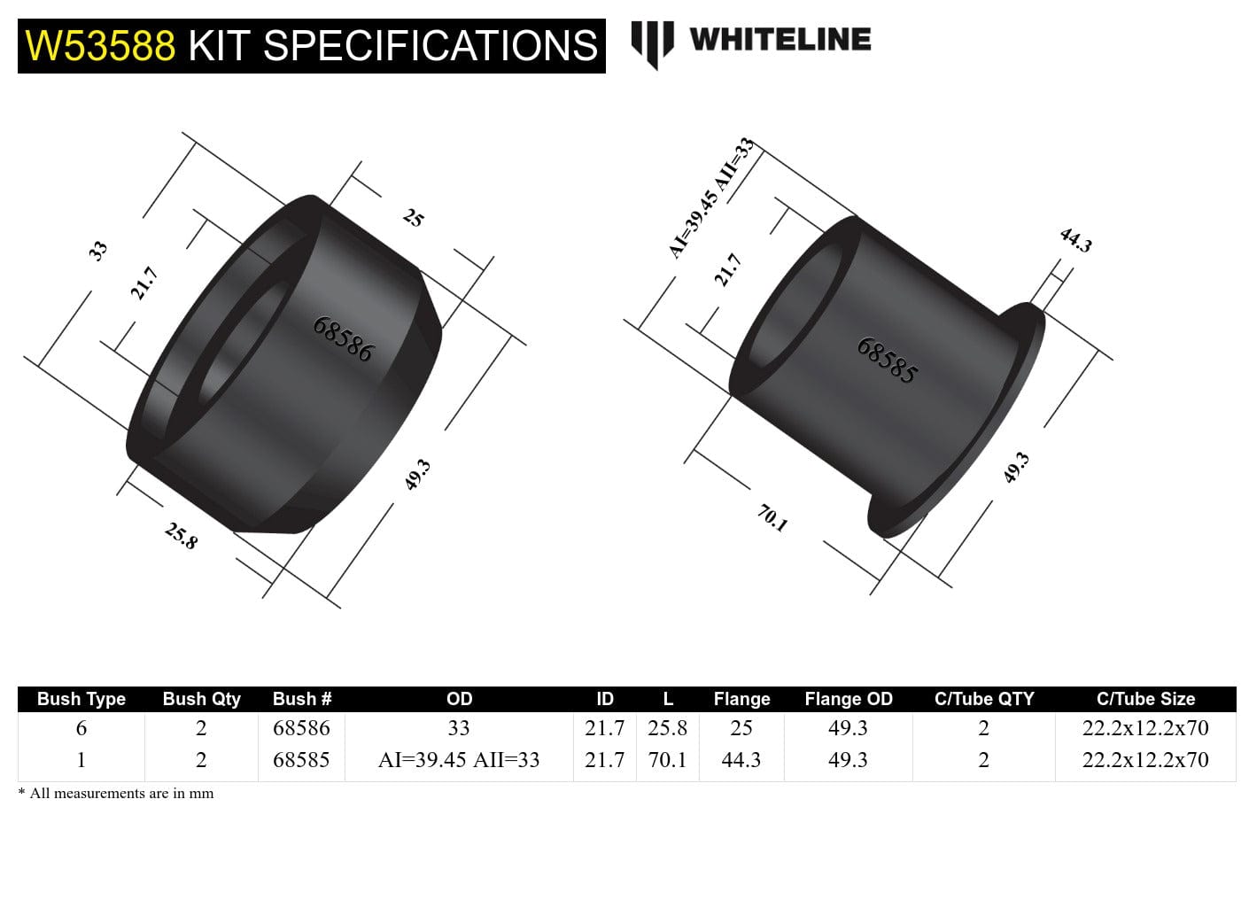 Whiteline 7 x 14 x 20 cm Front Control Arm Lower - Inner Front Bushing Kit to Suit Holden Barina and Combo SR