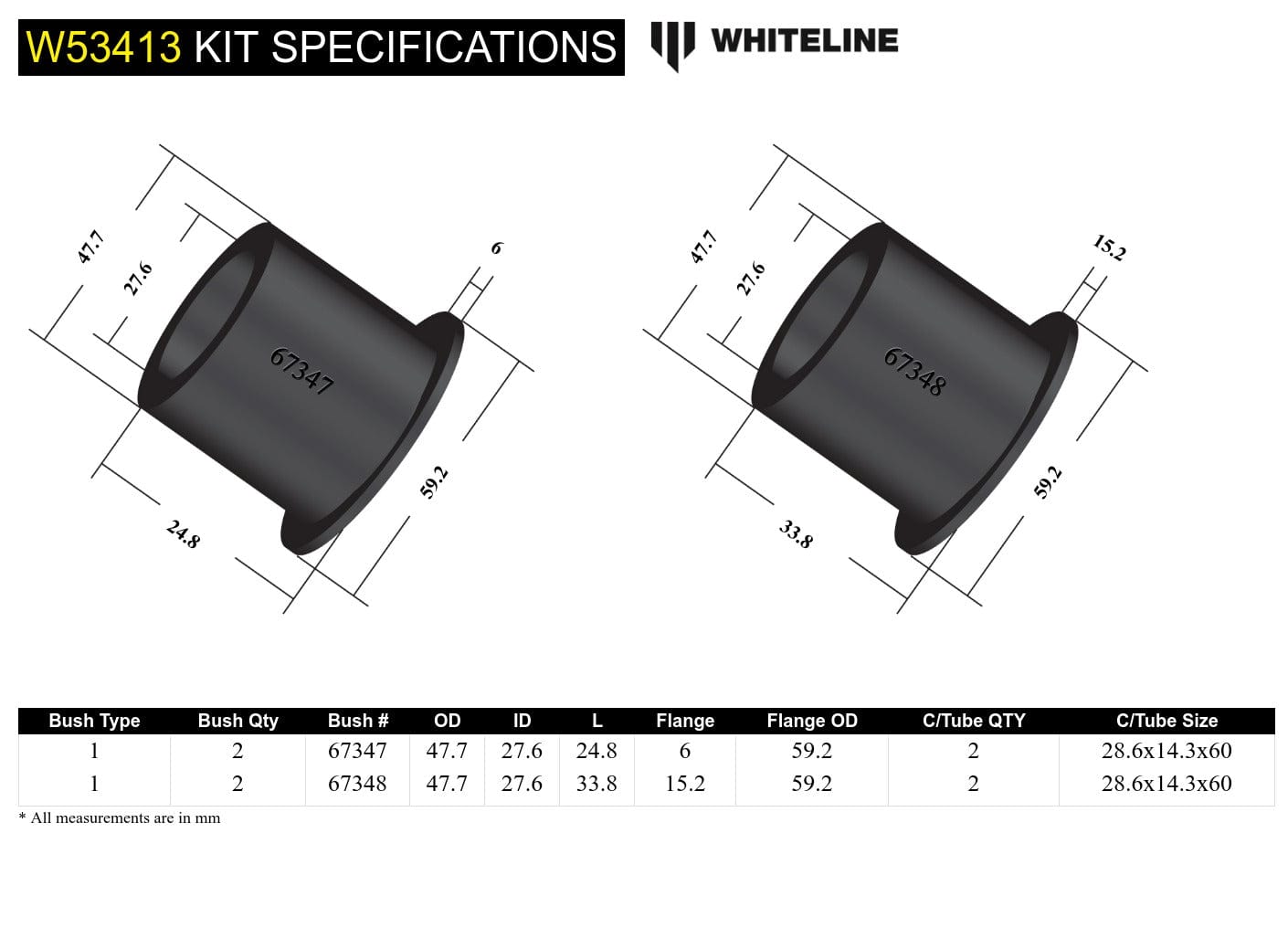 Whiteline 7 x 14 x 20 cm Front Control Arm Lower - Inner Front Bushing Kit to Suit Mazda MX-5 NC and RX-8 FE SR