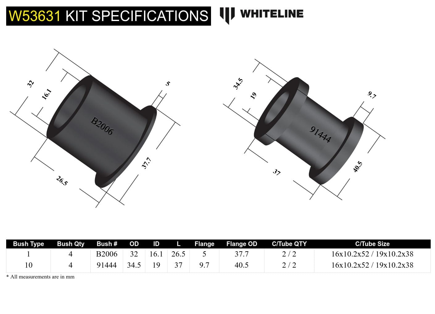 Whiteline 7 x 14 x 20 cm Front Control Arm Upper and Lower - Bushing Kit to Suit Honda Integra DA, DB SR