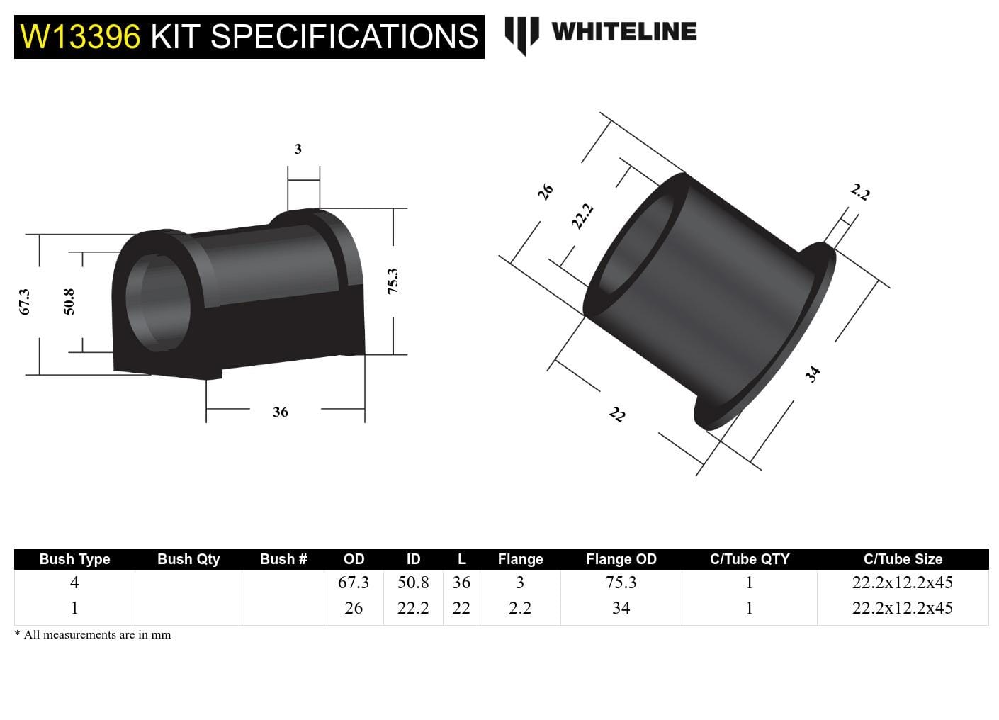 Whiteline 7 x 14 x 20 cm Front Steering Rack and Pinion - Mount Bushing Kit to Suit Toyota Rav 4 SXA10, 11, 16 SR