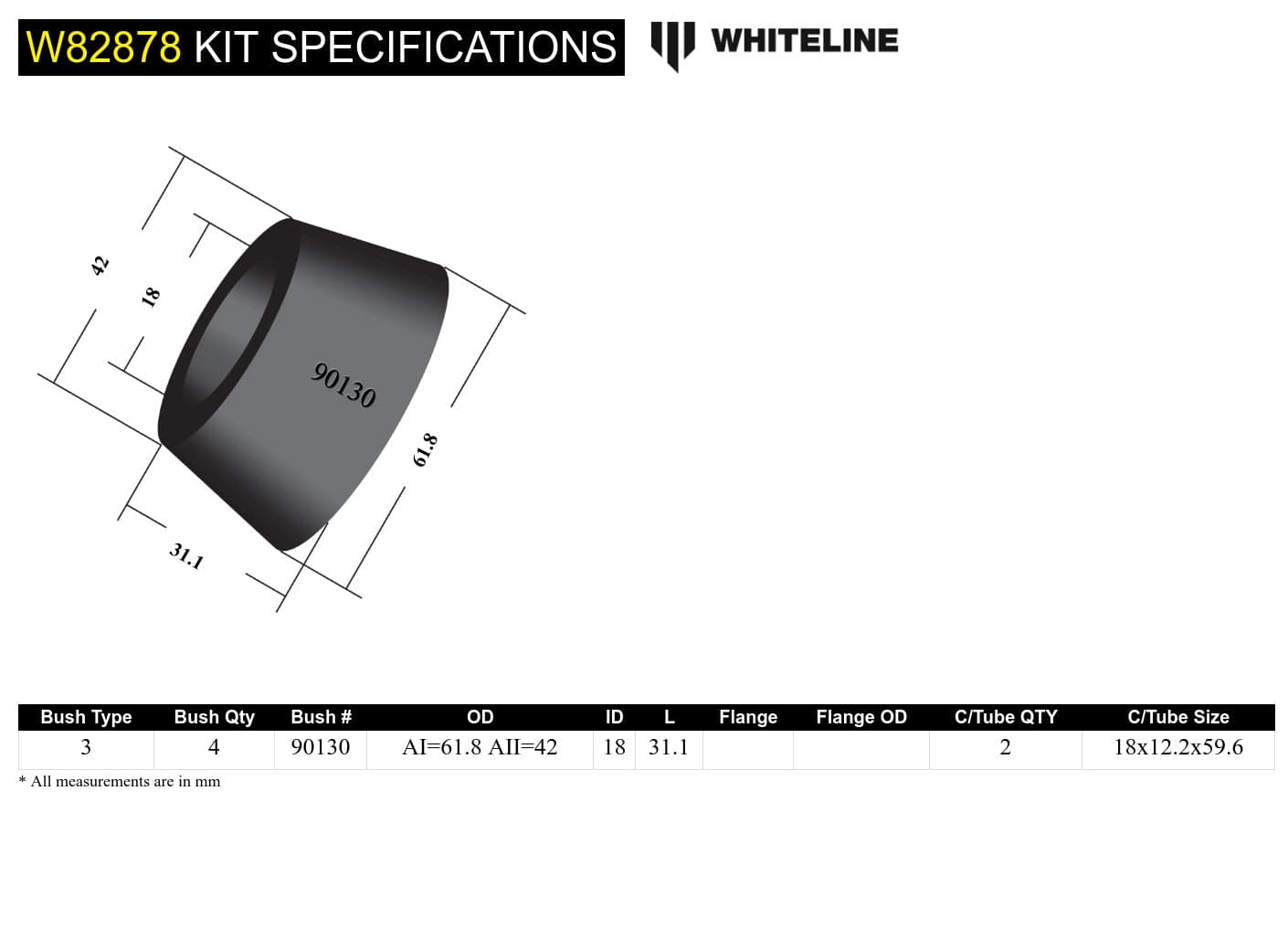 Whiteline 7 x 14 x 20 cm Front Strut Rod - To Chassis Bushing Kit to Suit Honda Integra DA, DB SR