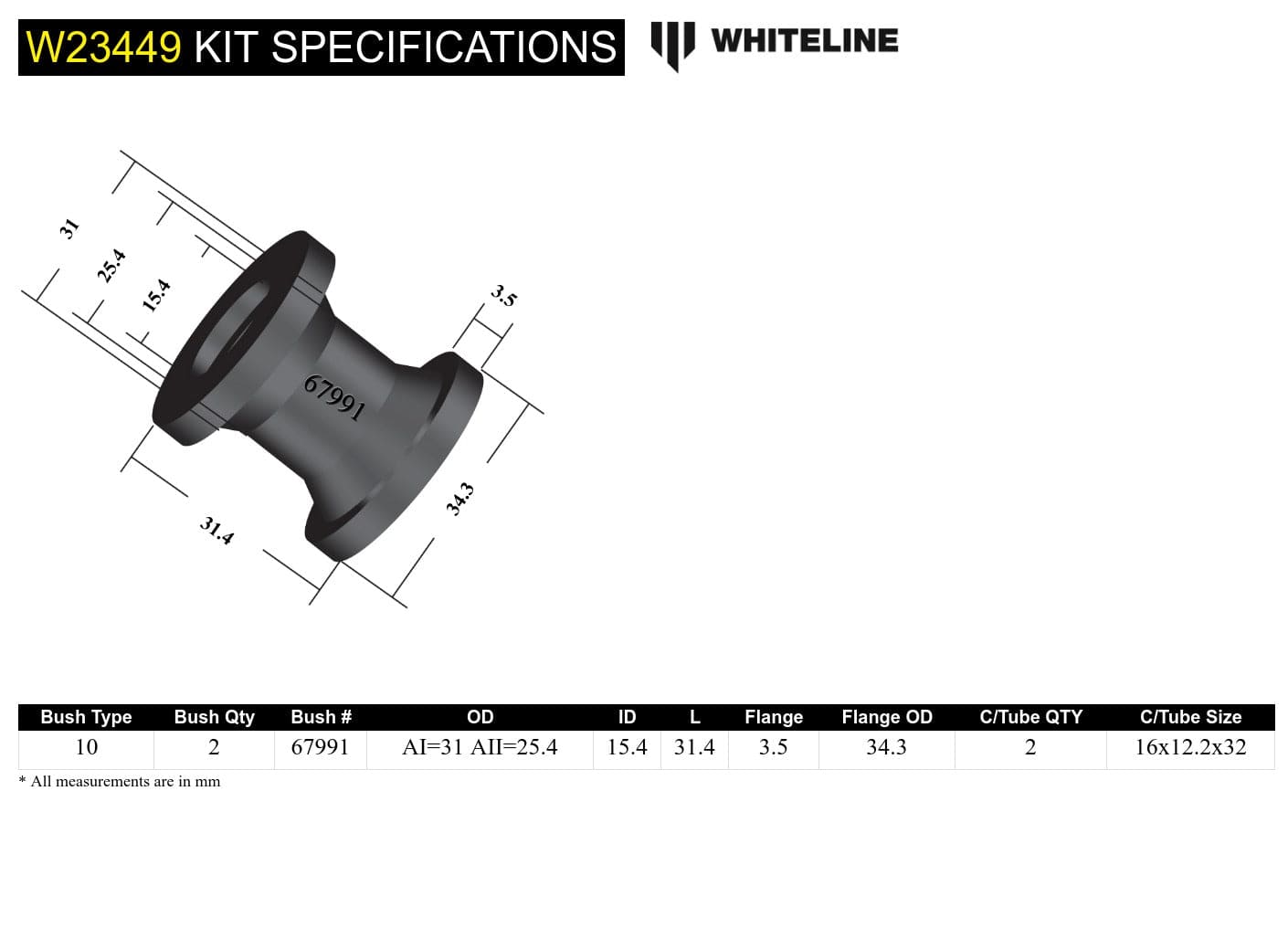 Whiteline 7 x 14 x 20 cm Front Sway Bar Link - Bushing Kit to Suit Jeep Wrangler TJ SR