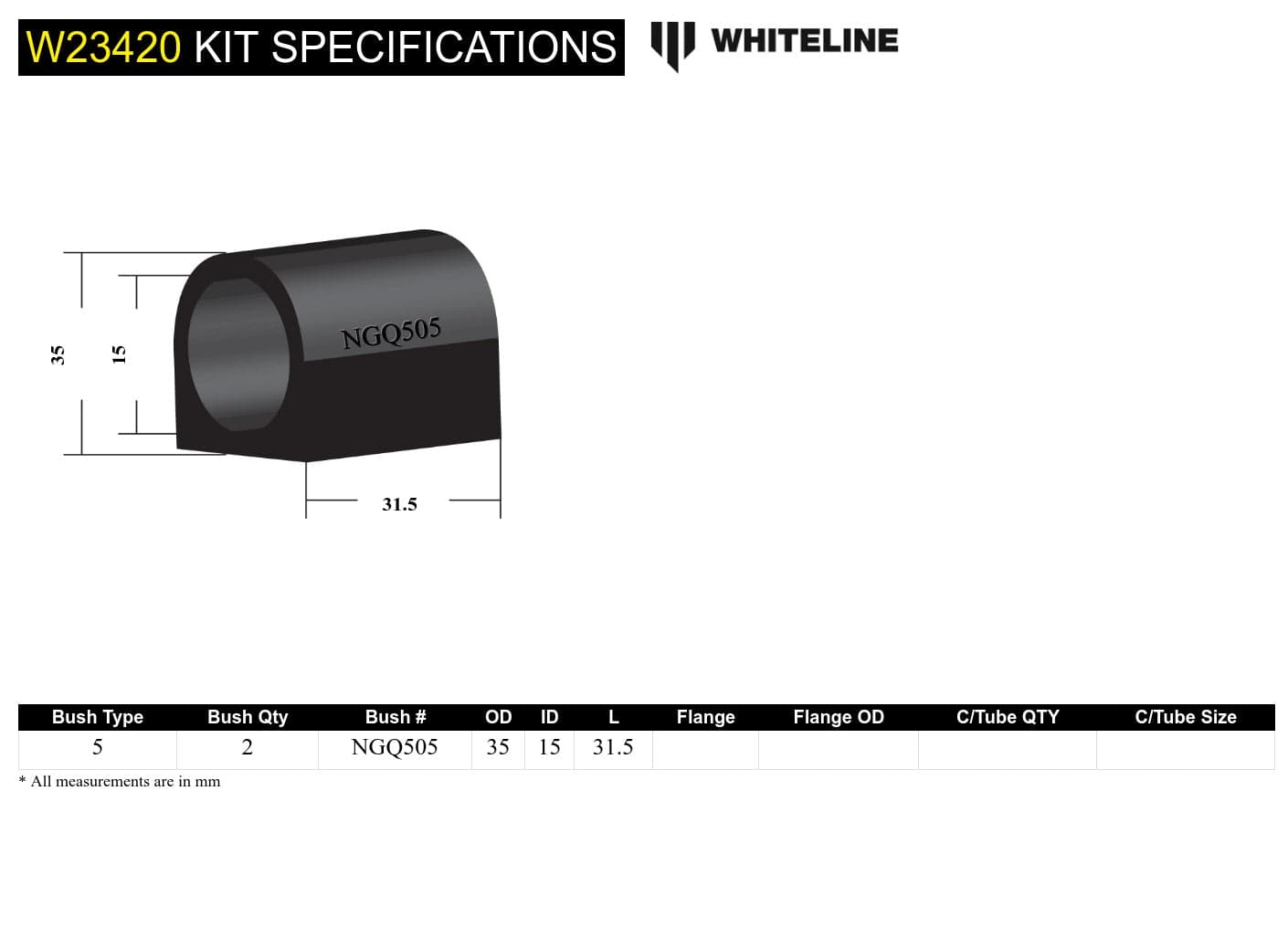 Whiteline 7 x 14 x 20 cm Front Sway Bar Mount - Bushing Kit 15mm to Suit Nissan Patrol GQ and Ford Maverick DA SR