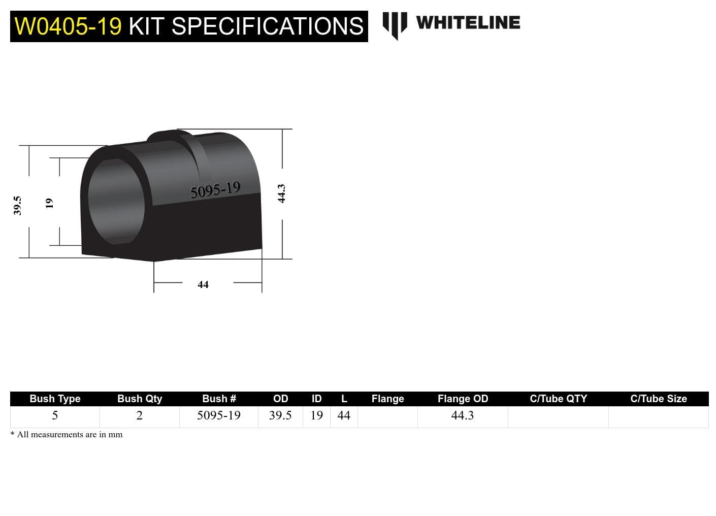 Whiteline 7 x 14 x 20 cm Front Sway Bar Mount - Bushing Kit 19mm to Suit Subaru Forester, Impreza and Liberty SR