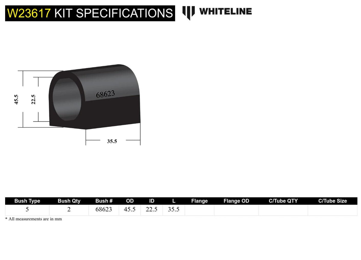 Whiteline 7 x 14 x 20 cm Front Sway Bar Mount - Bushing Kit 22.5mm to Suit Volkswagen Golf Mk5, Mk6 Fwd/4Motion and Jetta A5, A6 SR