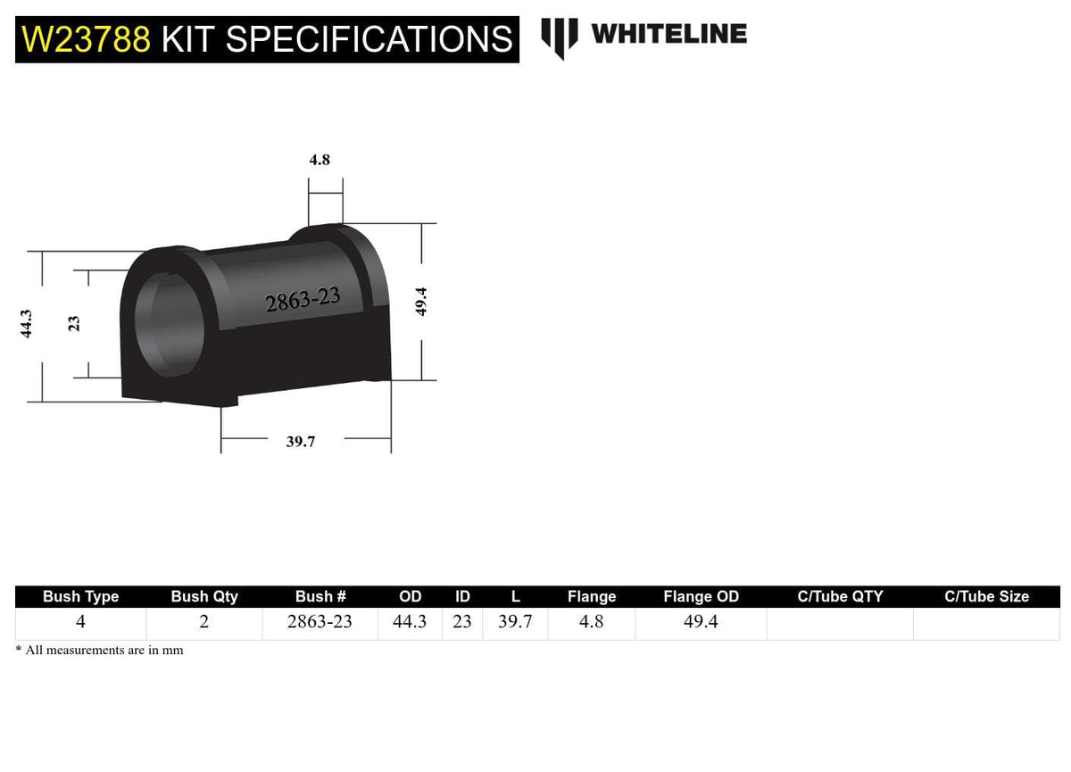 Whiteline 7 x 14 x 20 cm Front Sway Bar Mount - Bushing Kit 23mm to Suit Holden Commodore VE, VF and HSV SR