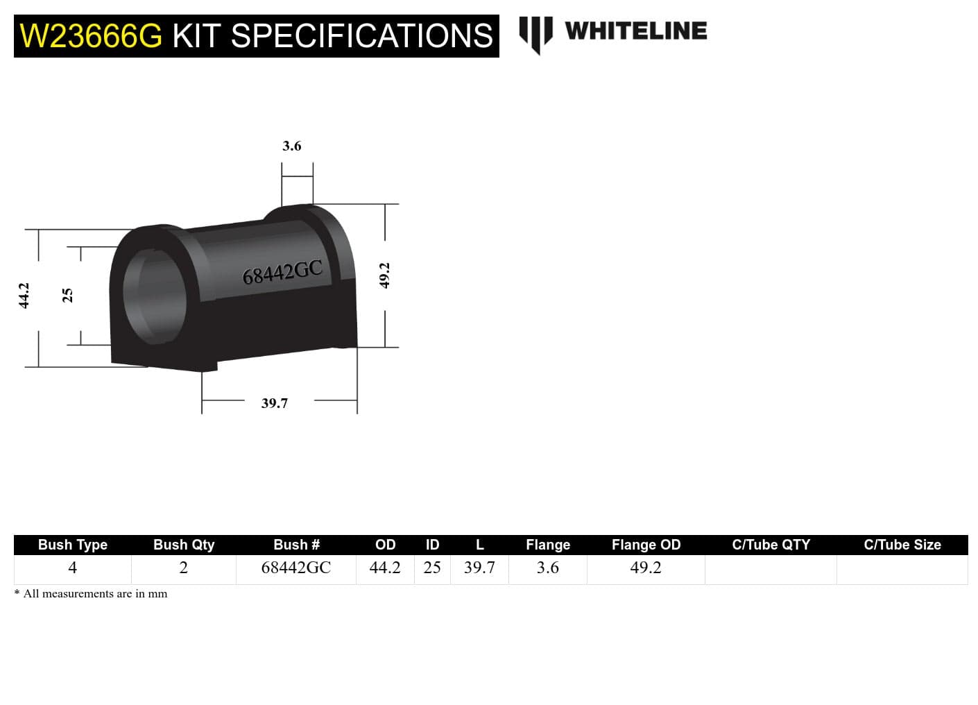 Whiteline 7 x 14 x 20 cm Front Sway Bar Mount - Bushing Kit 25mm 'Grease Free' to Suit Toyota Hiace SBV RCH12, RCH22, RZH10 SR