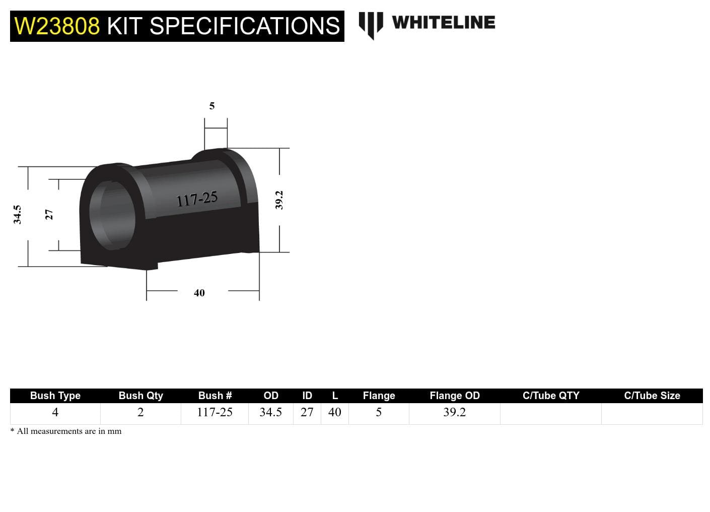 Whiteline 7 x 14 x 20 cm Front Sway Bar Mount - Bushing Kit 25mm to Suit Mitsubishi Triton MK 4wd SR