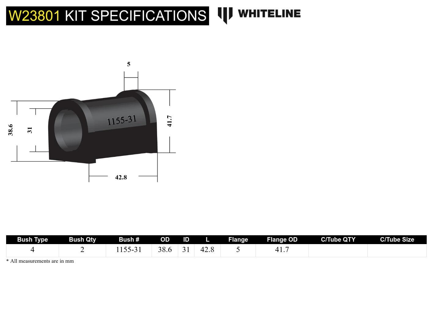 Whiteline 7 x 14 x 20 cm Front Sway Bar Mount - Bushing Kit 31mm to Suit Toyota Land Cruiser 76, 78 and 79 Series SR