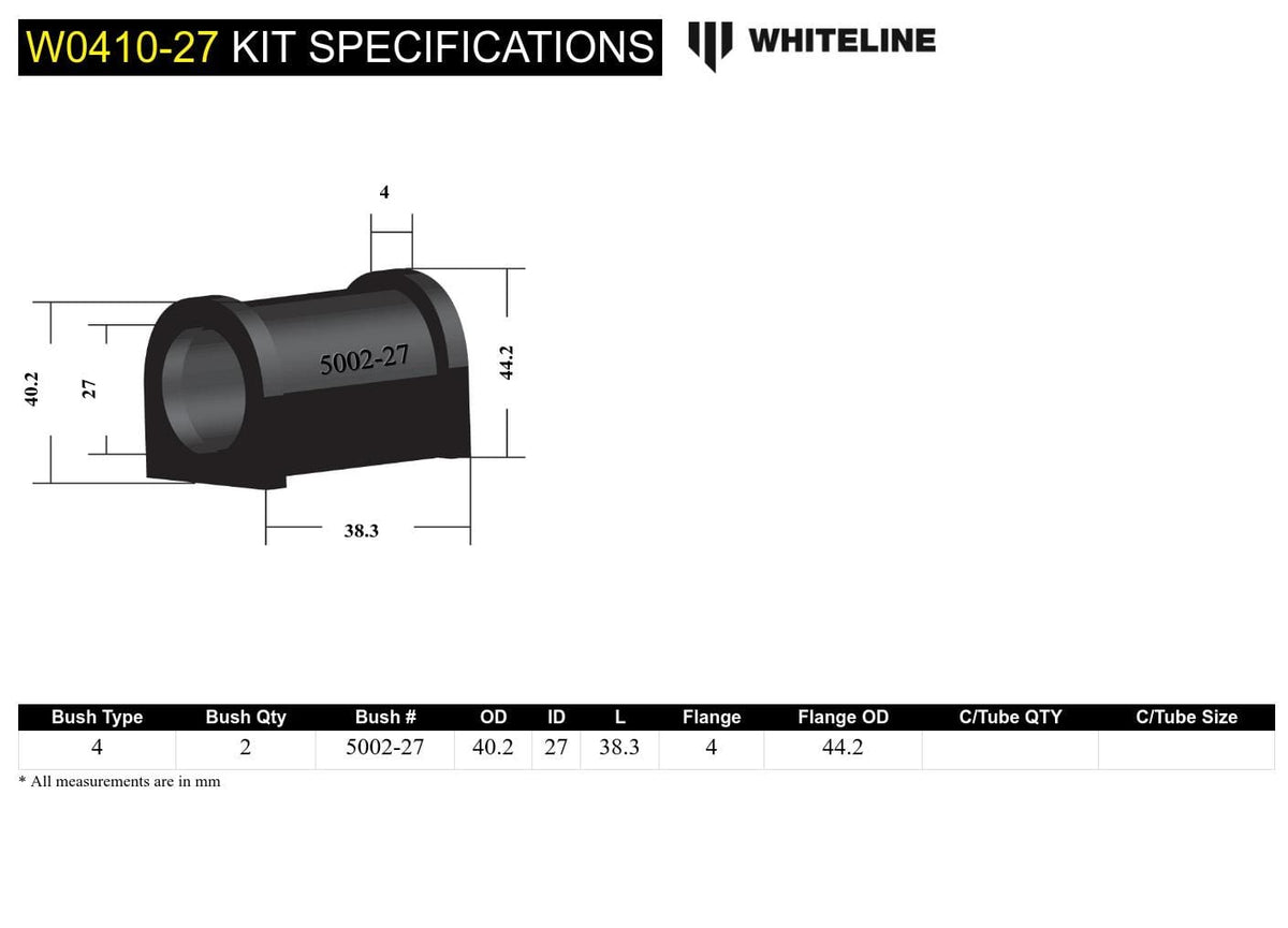 Whiteline 7 x 14 x 20 cm / Heavy duty - measure bar size, use with KS30 mounting saddle Universal Sway Bar Mount - Bushing Kit 27mm Heavy Duty SR