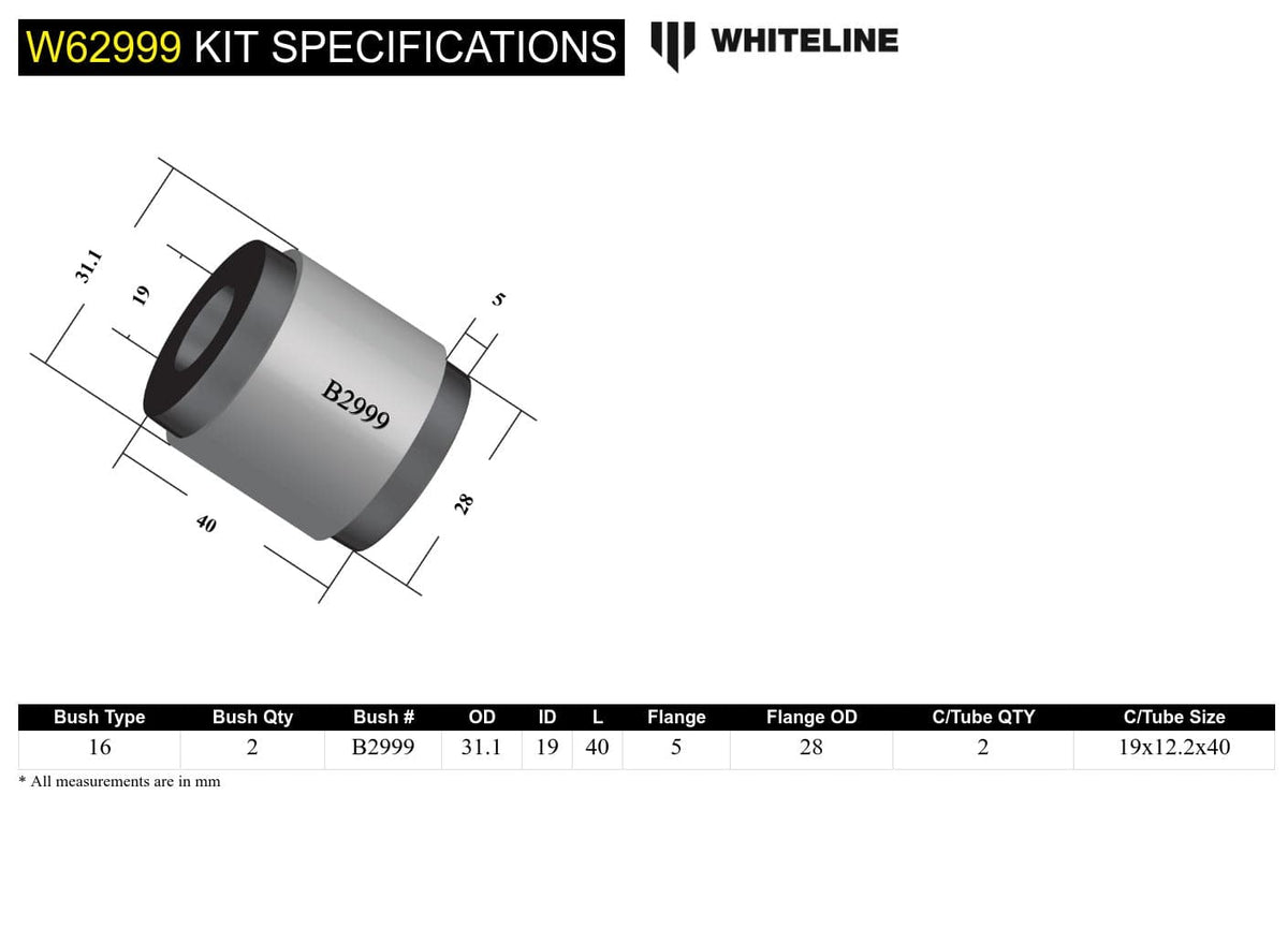 Whiteline 7 x 14 x 20 cm / Lateral arm Rear Control Arm Lower Front - Outer Bushing Kit to Suit Nissan 350Z, 370Z, Skyline and Stagea SR