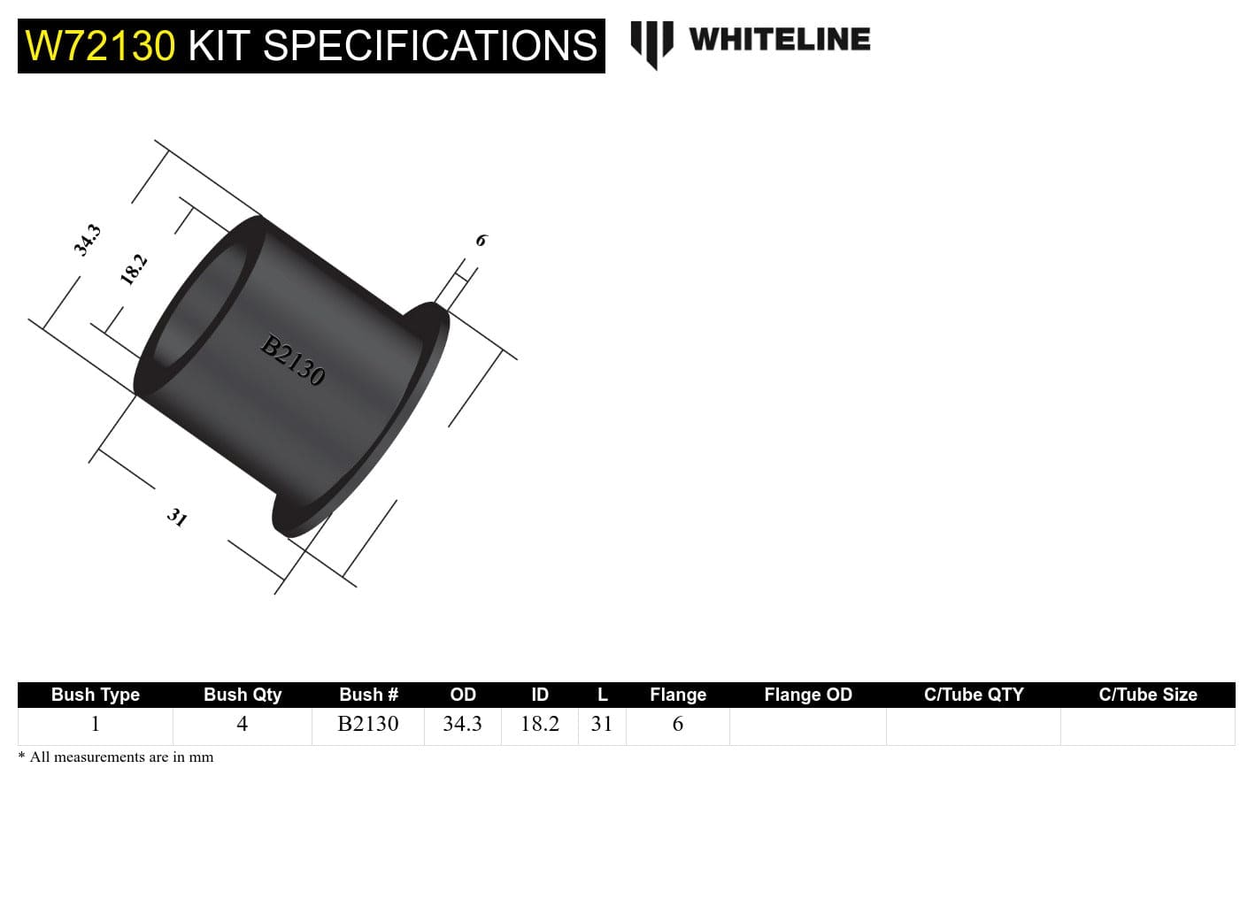 Whiteline 7 x 14 x 20 cm Leaf Spring - Bushing Kit to Suit Daihatsu Hijet SR