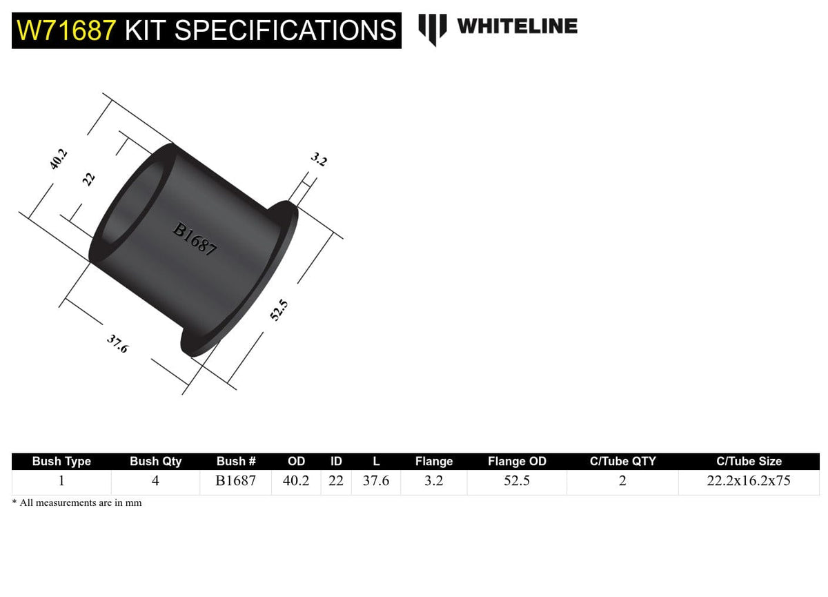 Whiteline 7 x 14 x 20 cm Leaf Spring - Front and Rear Eye Bushing Kit to Suit Toyota Coaster and Dyna SR