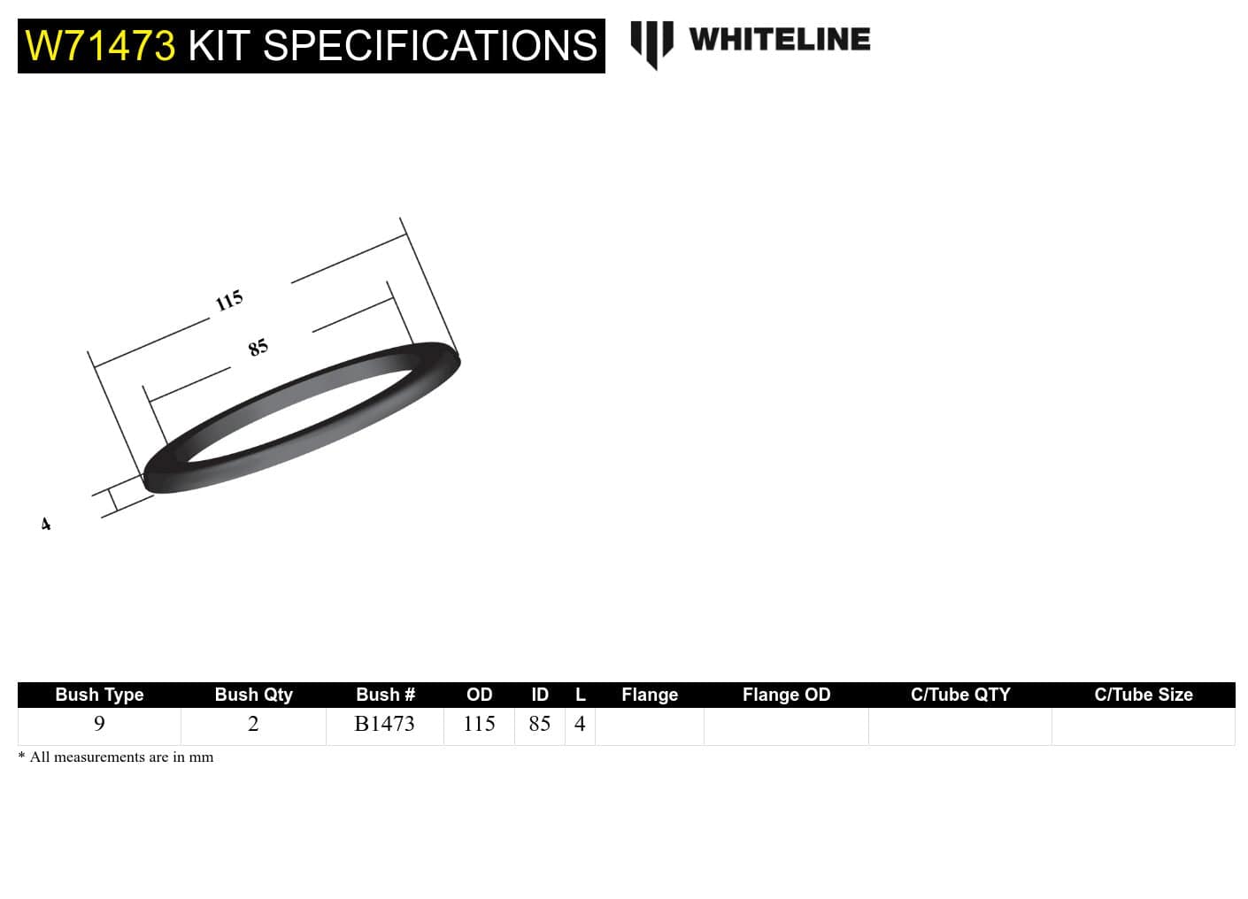 Whiteline 7 x 14 x 20 cm / OD=115, ID=83, H=4mm Rear Coil Spring Pad - Upper Bushing Kit 4mm Ride Height to Suit Holden Commodore VB-VS and HSV SR