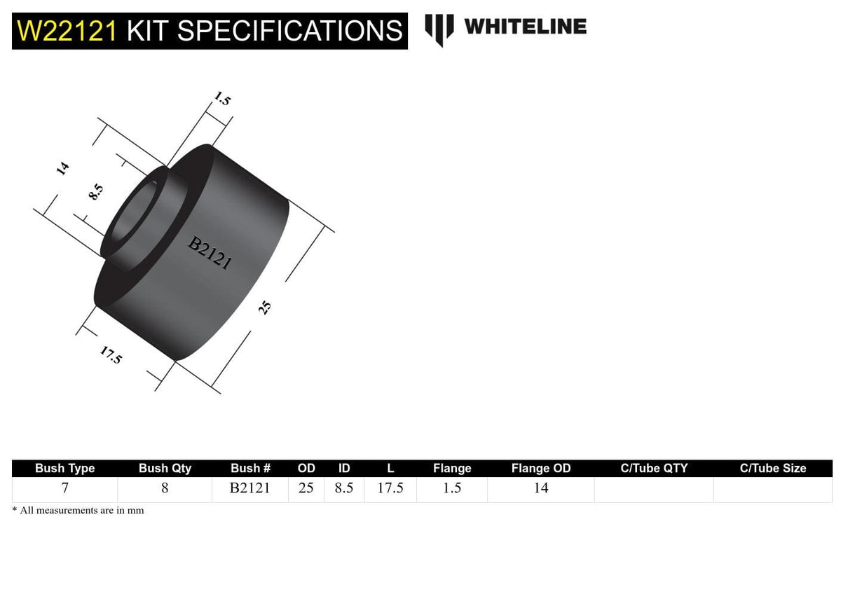 Whiteline 7 x 14 x 20 cm / OD=21, ID=8, L=15mm locator OD=14mm Front Sway Bar Link - Bushing Kit to Suit Chevrolet Corvette and Toyota Celica, Corolla, Corona and Supra SR