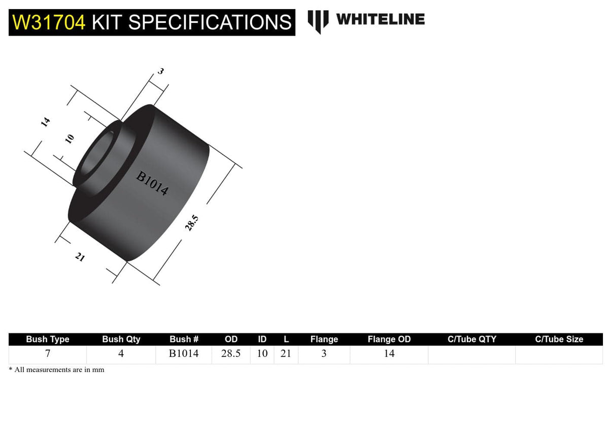 Whiteline 7 x 14 x 20 cm / OD=28.5, ID=10, L=21mm, locator OD=14mm Shock Absorber - Bushing Kit to Suit Various Applications SR