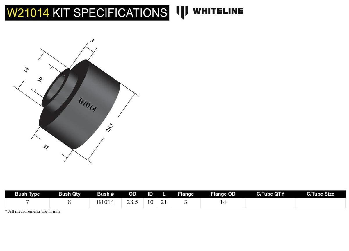 Whiteline 7 x 14 x 20 cm / OD=28.5, ID=10, L=21mm, locator OD=14mm Sway Bar Link - Bushing Kit to Suit Various Applications SR