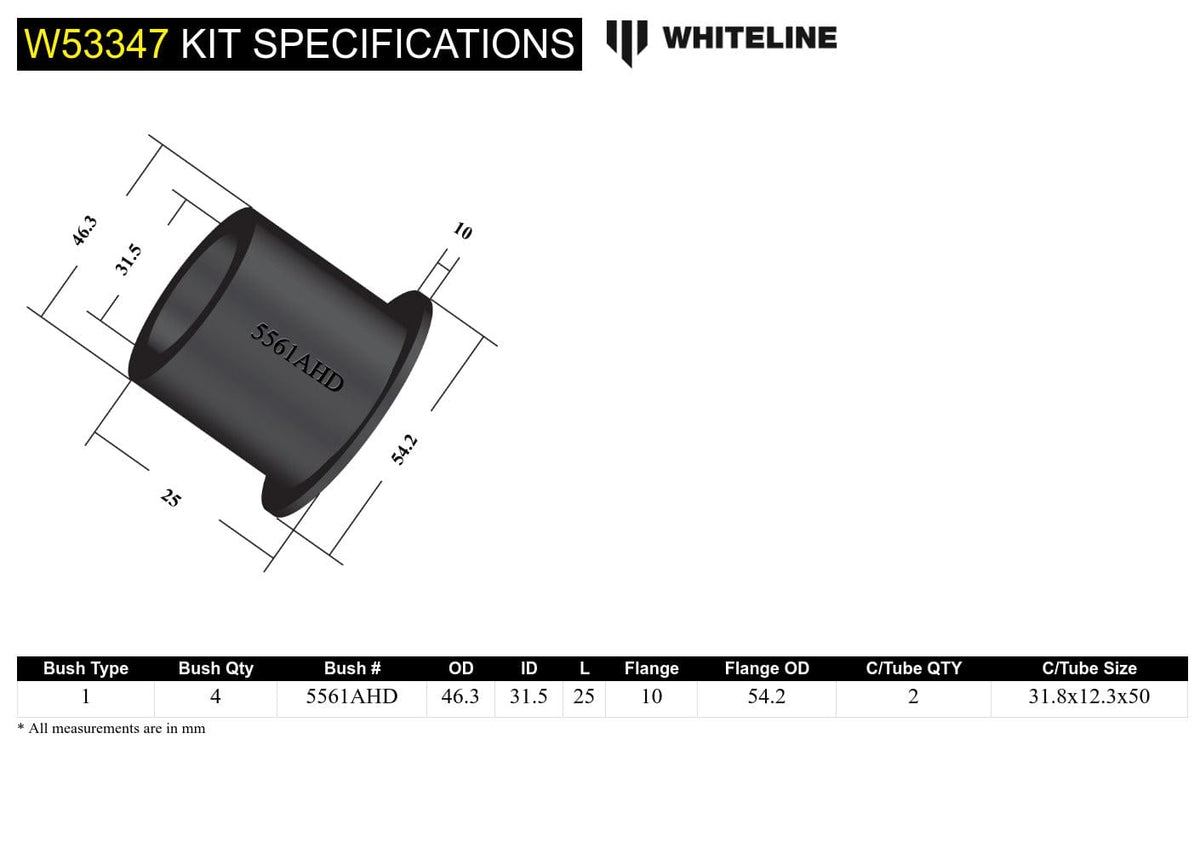 Whiteline 7 x 14 x 20 cm / Performance Alignment - adds +/- 0.5deg camber Front Control Arm Lower - Bushing Kit Double Offset to Suit Holden Commodore VE, VF and HSV SR