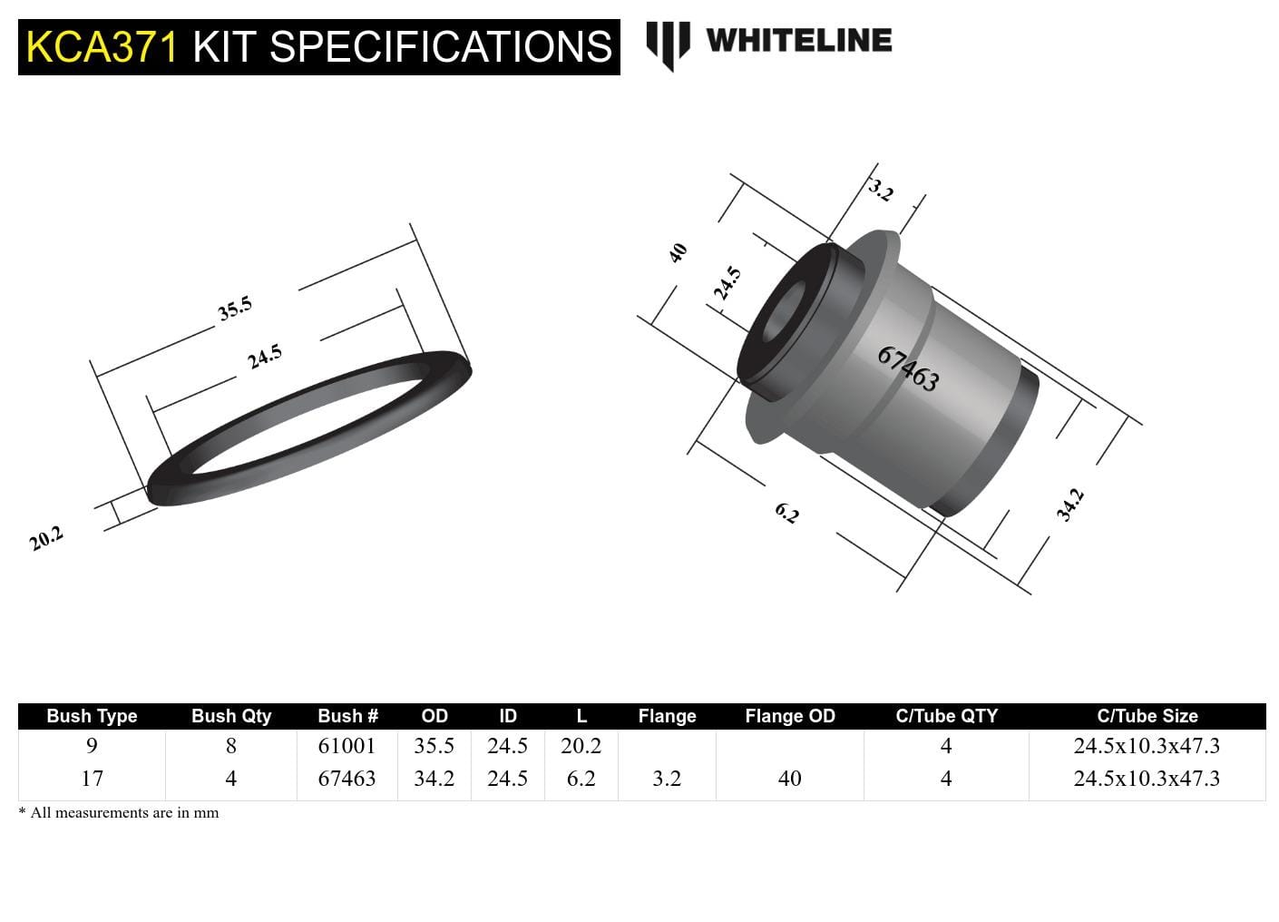 Whiteline 7 x 14 x 20 cm / Performance Alignment - adds +0.66deg caster +/- 0.66deg camber Front Control Arm Upper - Bushing Kit Double Offset to Suit Honda Civic VI Gen and CR-V RD1-RD3 SR