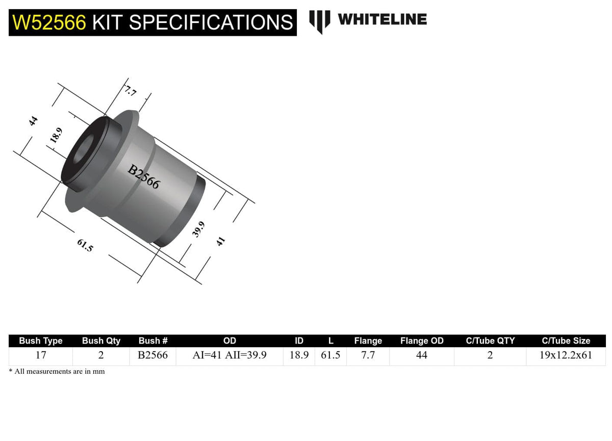 Whiteline 7 x 14 x 20 cm / Performance Alignment - angled and offset for high positive caster Front Control Arm Lower - Inner Bushing Kit Double Offset to Suit Holden Commodore VR, VS and HSV SR