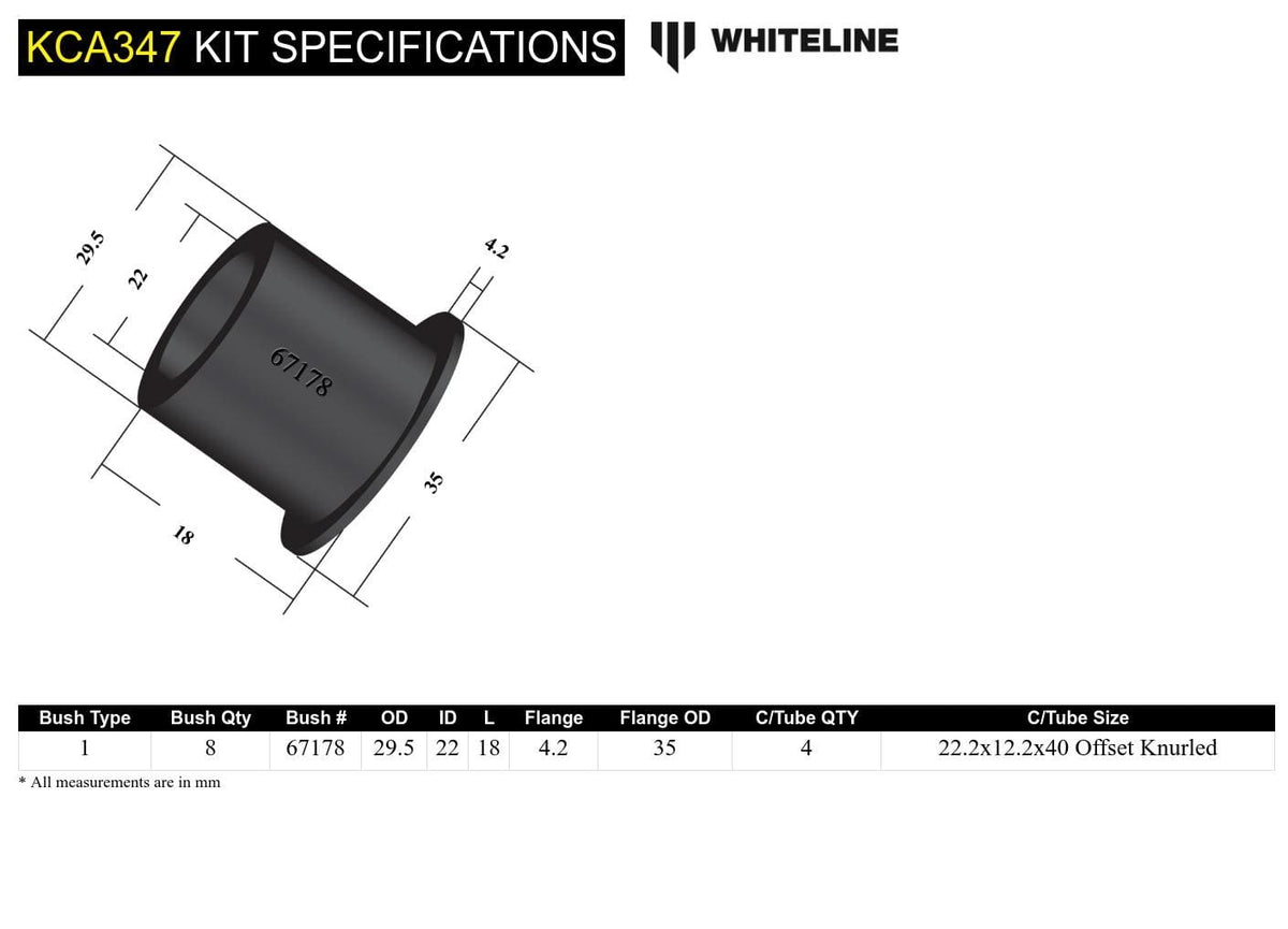 Whiteline 7 x 14 x 20 cm / Performance Alignment - off-car adjustment - adds +/- 0.75deg camber Rear Control Arm - Bushing Kit Double Offset to Suit Nissan 180SX, 200SX. 300ZX and Skyline SR