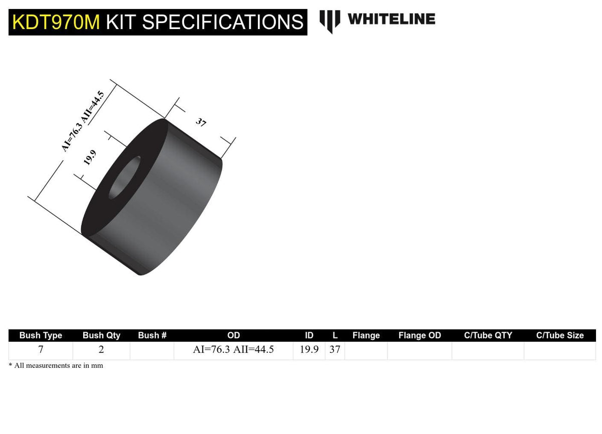 Whiteline 7 x 14 x 20 cm / Performance - induces NVH - MOTORSPORT Front Engine Torque Arm - Bushing Kit to Suit Hyundai and Kia SR