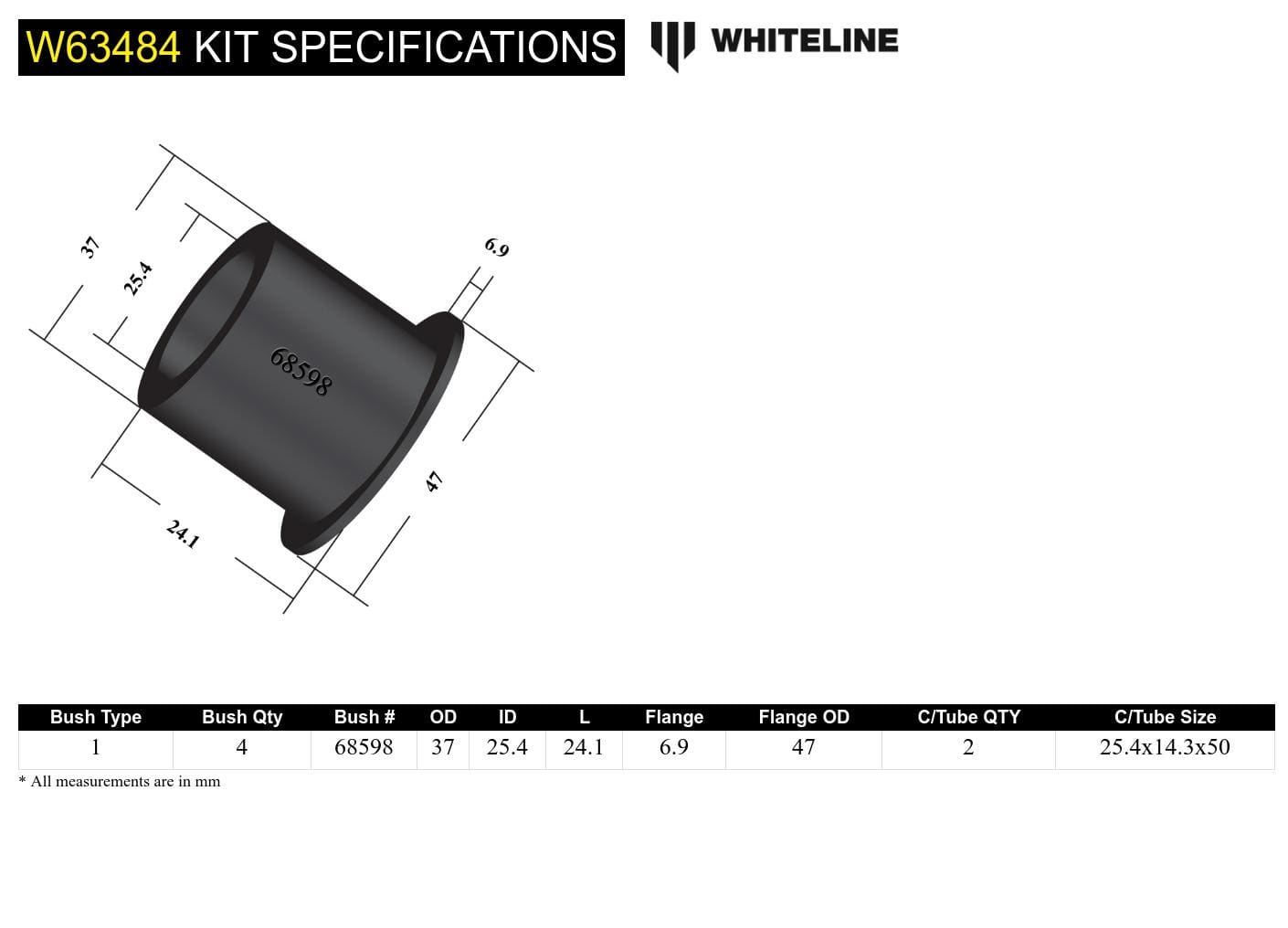 Whiteline 7 x 14 x 20 cm Rear Control Arm Lower - Bushing Kit to Suit Nissan Dualis, Juke, X-Trail and Renault Kadjar, Kangoo, Koleos SR