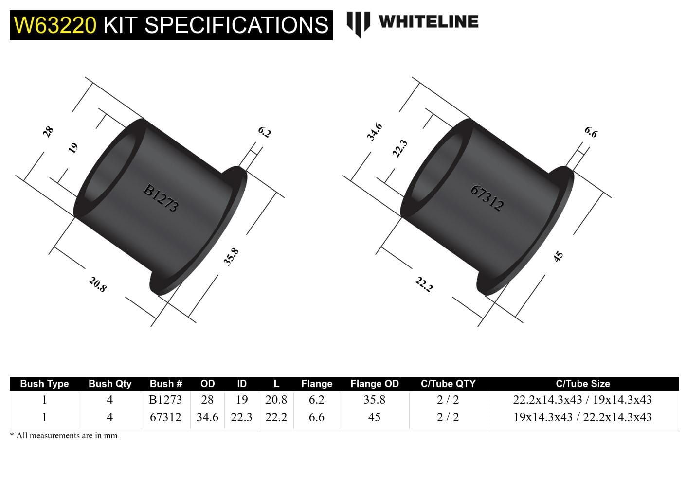 Whiteline 7 x 14 x 20 cm Rear Control Arm Lower Front - Bushing Kit to Suit Toyota Camry, Aurion and Kluger SR