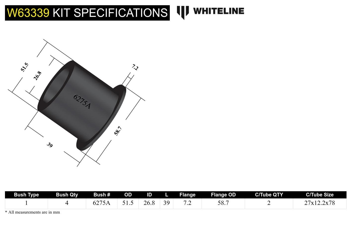 Whiteline 7 x 14 x 20 cm Rear Control Arm Lower - Inner Bushing Kit to Suit Chrysler 300C and Dodge Challenger, Charger SR