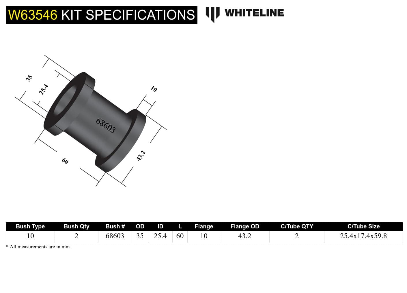 Whiteline 7 x 14 x 20 cm Rear Control Arm Lower - Inner Bushing Kit to Suit Toyota Rav 4 SXA10, 11, 16 SR