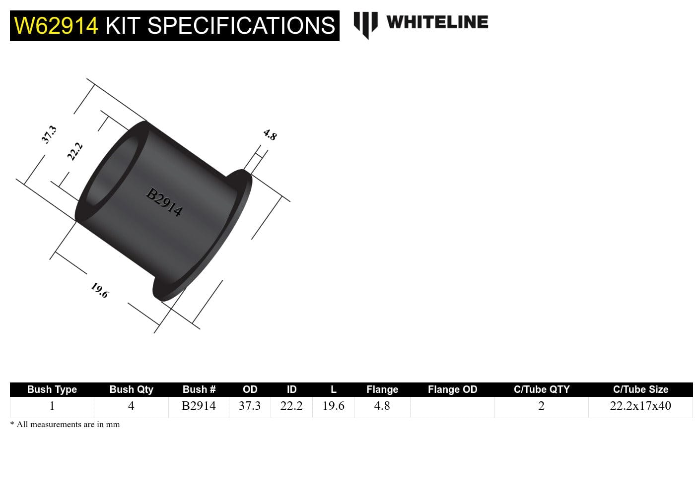Whiteline 7 x 14 x 20 cm Rear Control Arm Lower - Inner Rear Bushing Kit to Suit Toyota Corola AE90 SR