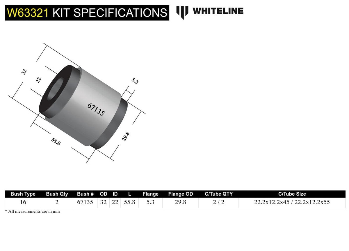 Whiteline 7 x 14 x 20 cm Rear Control Arm Lower Rear - Inner Bushing Kit to Suit Ford Focus, Mazda3 and Volvo C30, S40 SR