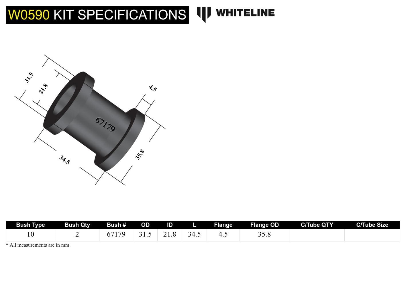 Whiteline 7 x 14 x 20 cm Rear Control Arm Upper Front - Inner Bushing Kit to Suit Mitsubishi Lancer Evo IV-IX SR