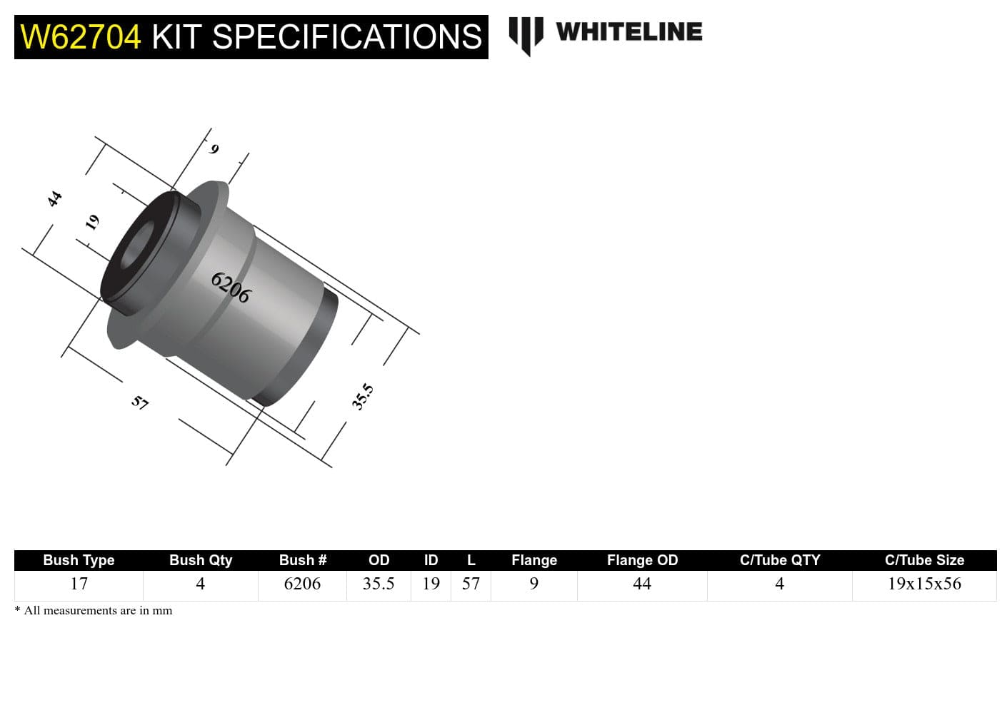 Whiteline 7 x 14 x 20 cm Rear Control Arm Upper - Inner Bushing Kit to Suit Ford Falcon/Fairlane AU SR