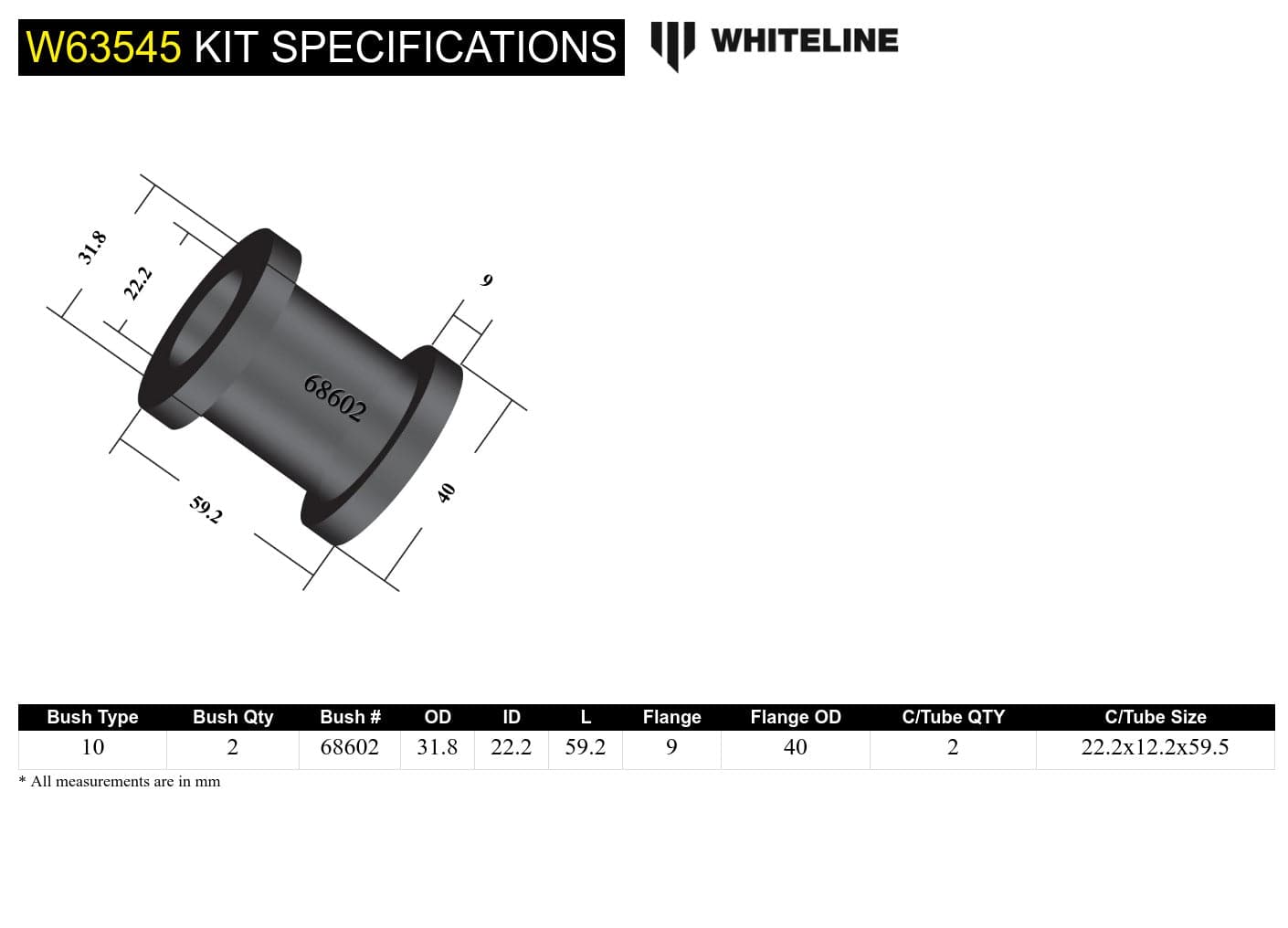 Whiteline 7 x 14 x 20 cm Rear Control Arm Upper - Inner Bushing Kit to Suit Toyota Rav 4 SXA10, 11, 16 SR