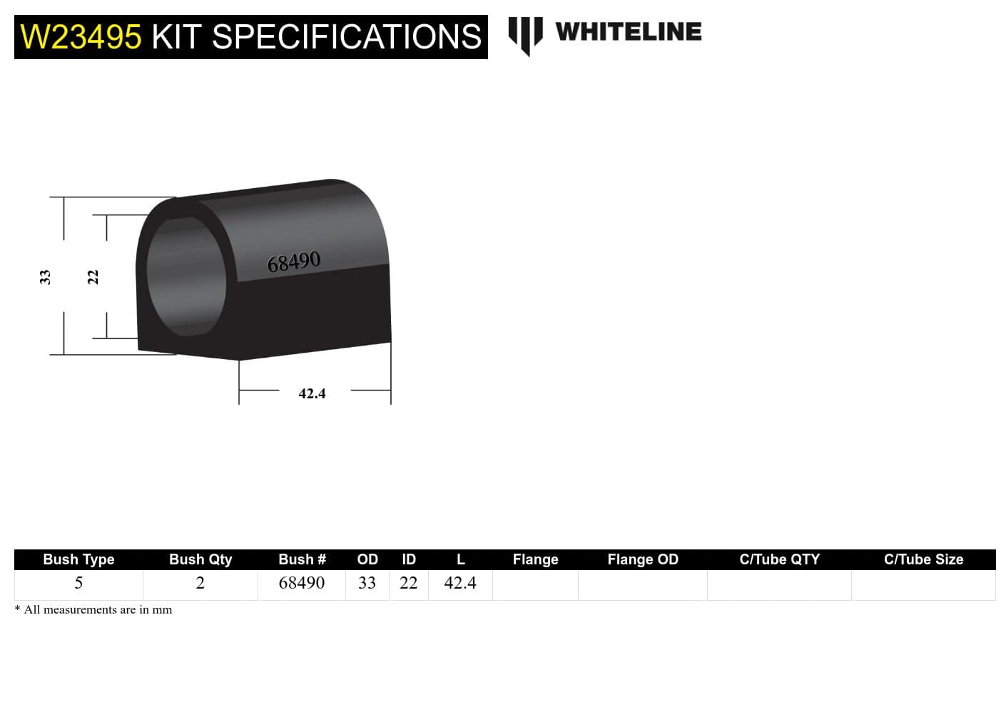 Whiteline 7 x 14 x 20 cm Rear Sway Bar Mount - Bushing Kit 22mm to Suit Toyota Rav 4 ACA31 SR