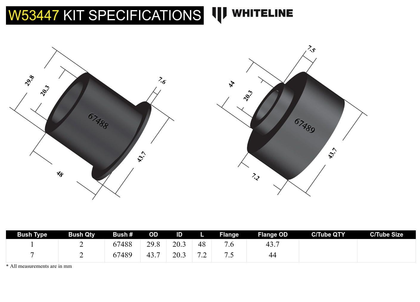 Whiteline 7 x 14 x 20 cm / Reuse original mounting pin Front Control Arm Lower - Inner Front Bushing Kit to Suit Toyota Corolla, Avalon and Holden Apollo SR