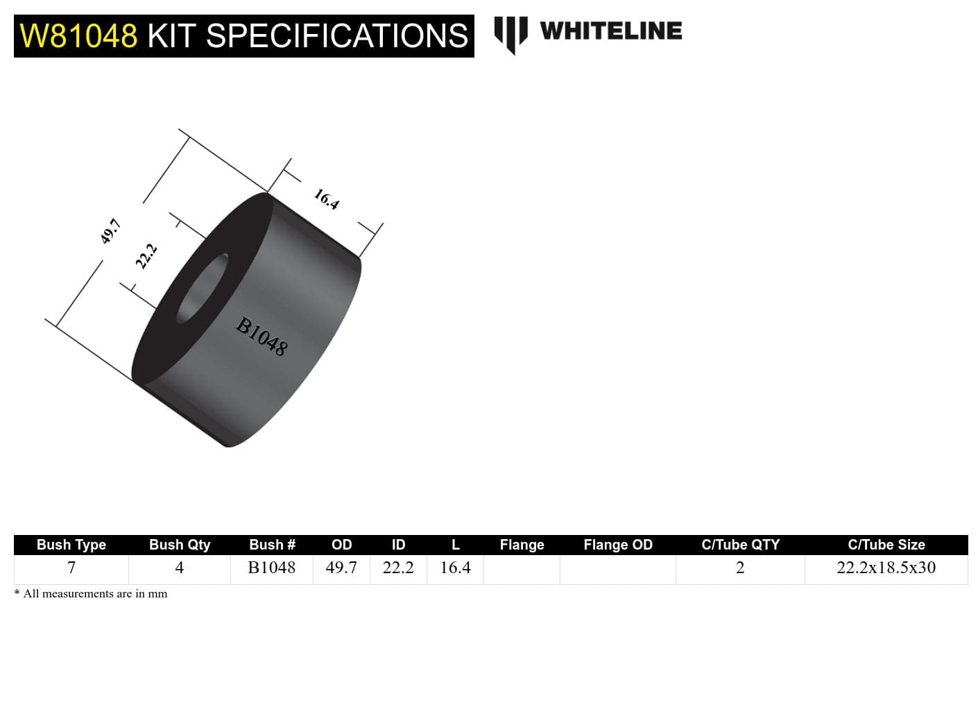 Whiteline 7 x 14 x 20 cm / Round spigot Front Strut Rod - To Chassis Bushing Kit to Suit Ford Cortina TC, TD SR