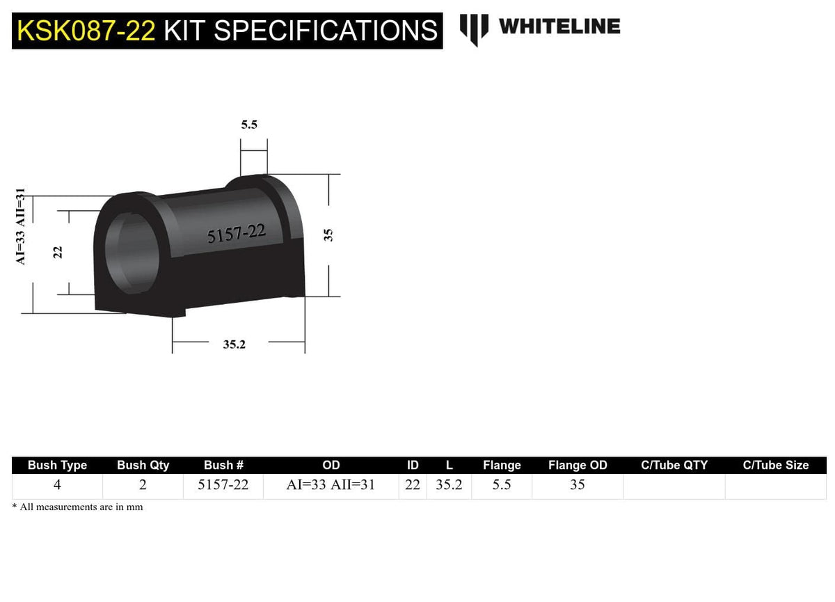 Whiteline 7 x 14 x 20 cm / Service kit - suits Whiteline sway bars Front Sway Bar Mount - Bushing Kit 22mm to Suit Whiteline Sway Bars SR