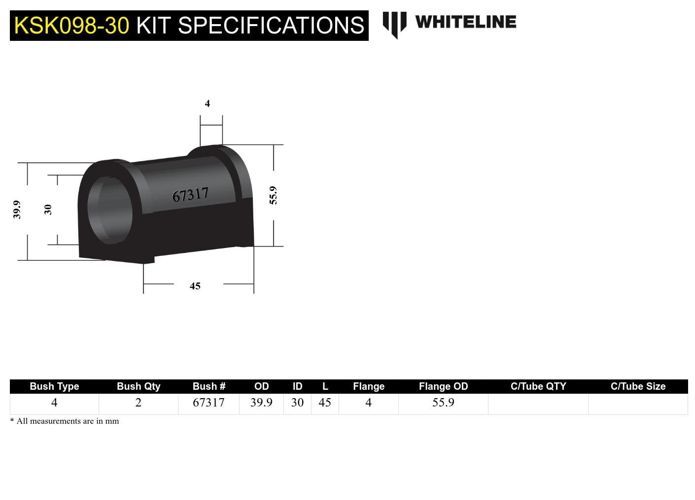 Whiteline 7 x 14 x 20 cm / Service kit - suits Whiteline sway bars Front Sway Bar Mount - Bushing Kit 30mm to Suit Whiteline Sway Bars SR