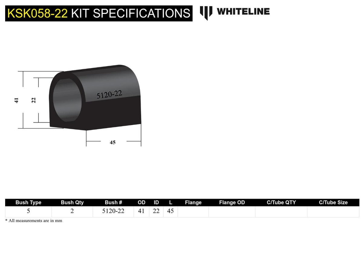 Whiteline 7 x 14 x 20 cm / Service kit - suits Whiteline sway bars Rear Sway Bar Mount - Bushing Kit 22mm to Suit Whiteline Sway Bars SR