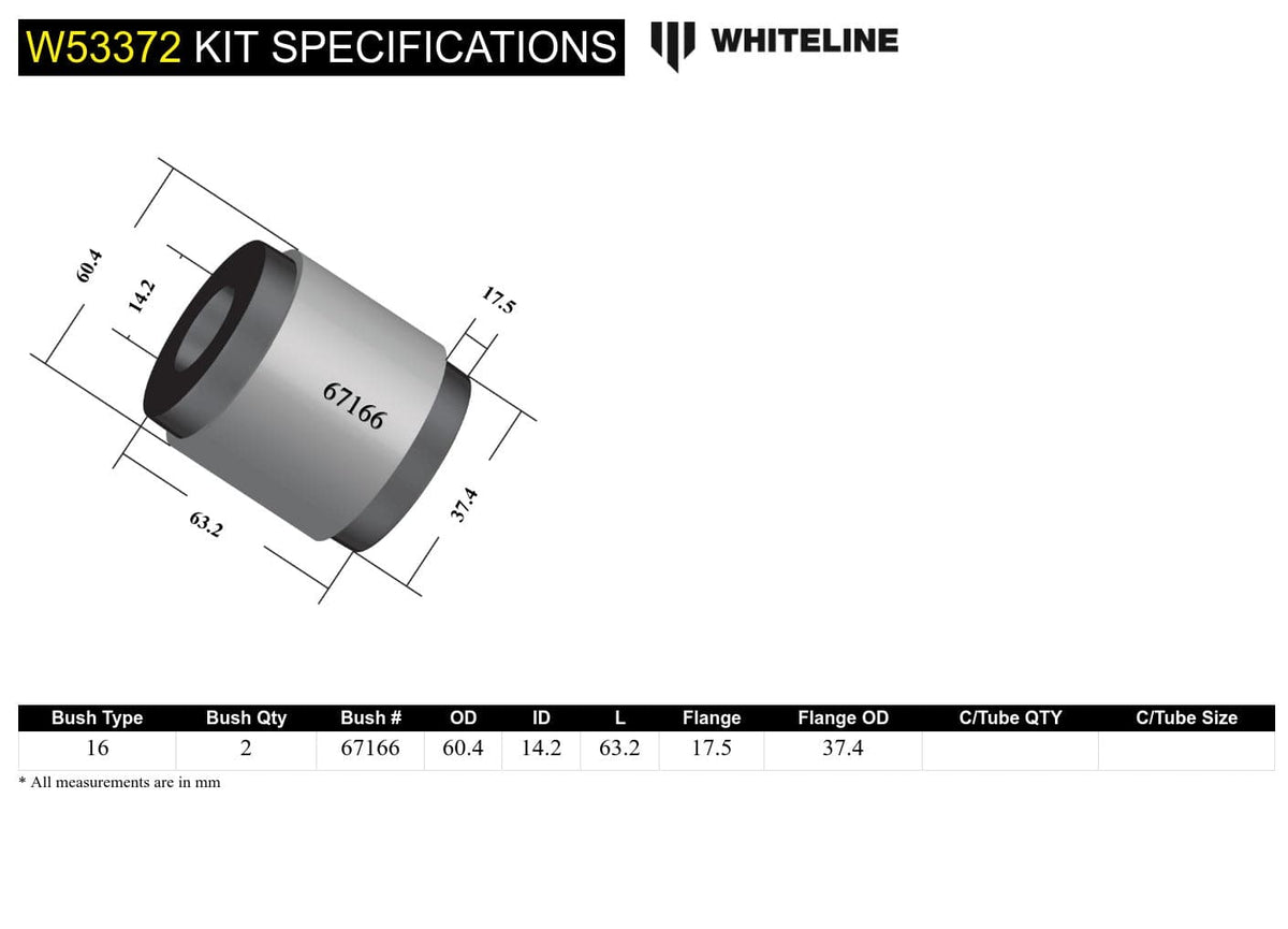 Whiteline 7 x 14 x 20 cm / Standard Alignment Front Control Arm Lower - Inner Rear Bushing Kit to Suit Lexus RX and Toyota Camry, Kluger SR