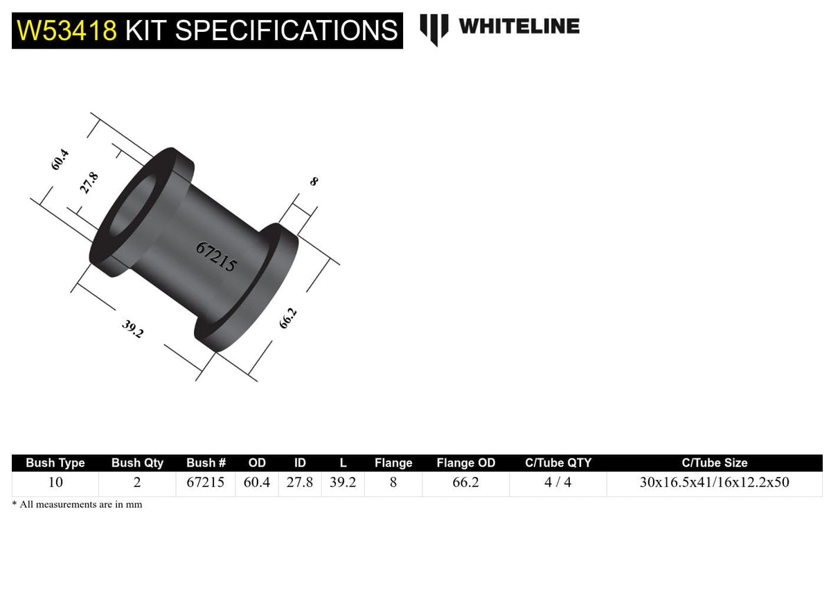 Whiteline 7 x 14 x 20 cm / Standard Alignment Front Control Arm Lower - Inner Rear Bushing Kit to Suit Seat and Volkswagen A2 SR
