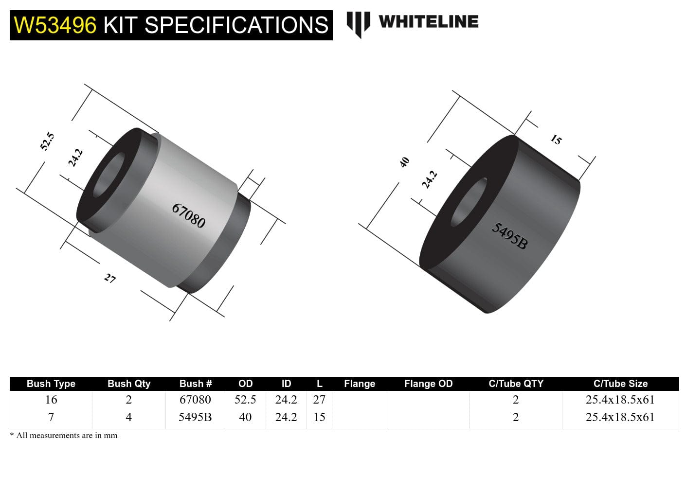 Whiteline 7 x 14 x 20 cm / Standard Alignment Front Control Arm Lower - Inner Rear Bushing Kit to Suit Toyota Corolla AE101 and Holden Nova LG SR