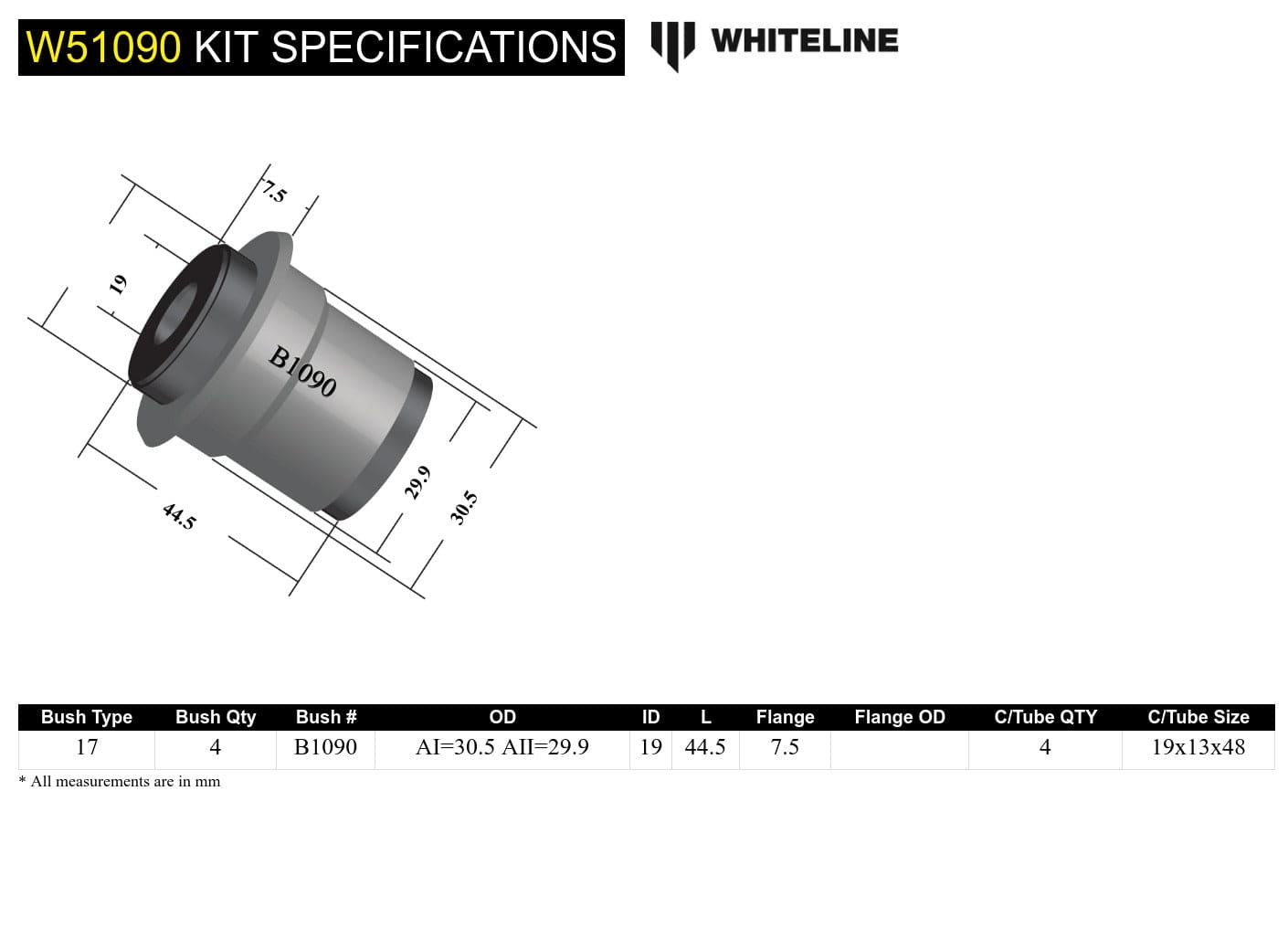 Whiteline 7 x 14 x 20 cm / Standard Alignment Front Control Arm Upper - Bushing Kit to Suit Chrysler Valiant SR